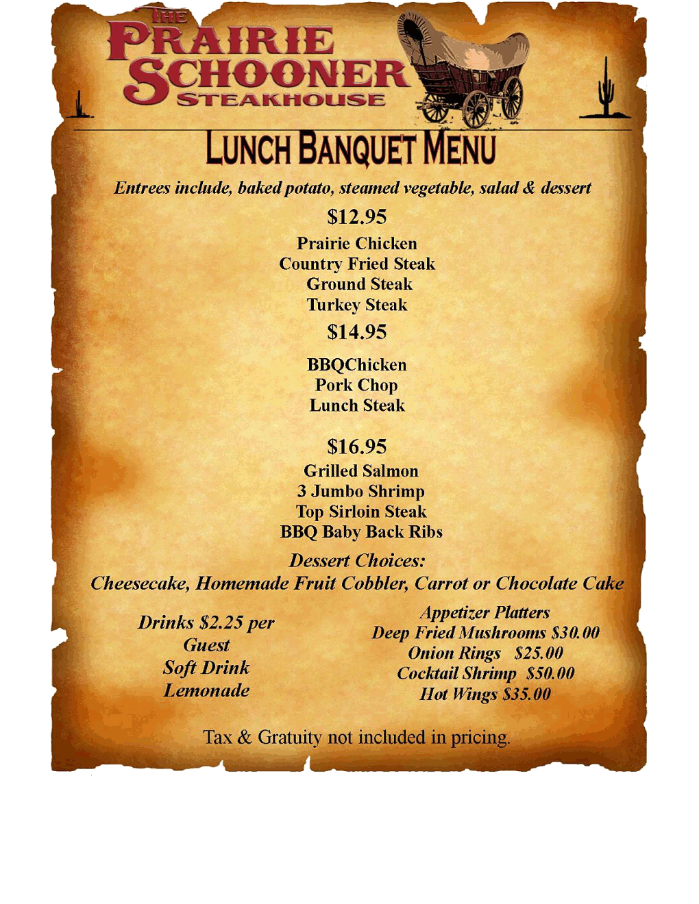 Prairie Schooner Lunch Banquet Menu